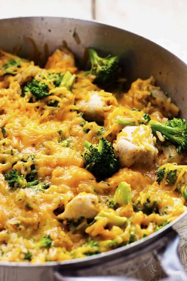 One pan cheesy chicken with broccoli.