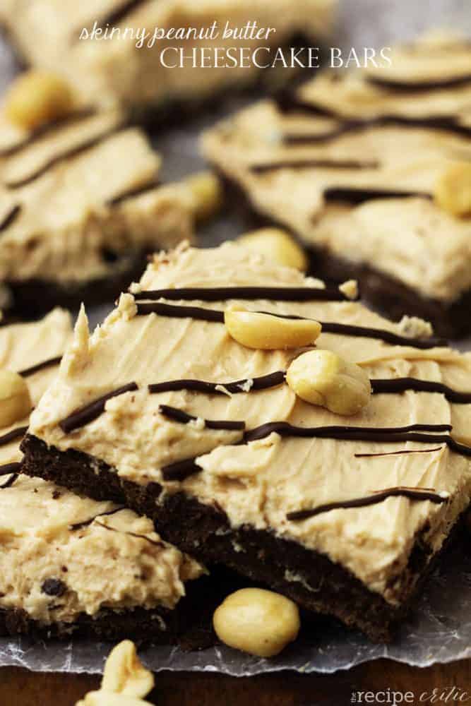 Peanut butter cheesecake bars with peanuts for garnish.