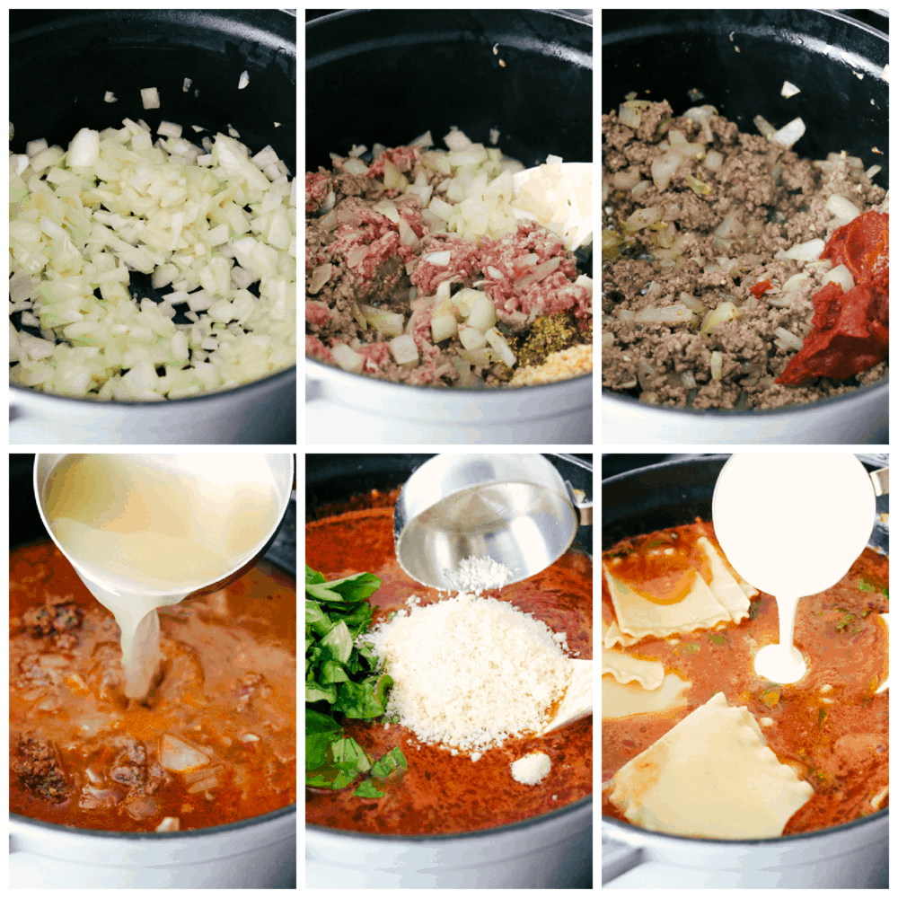 Soffriggere la cipolla, la carne macinata e preparare il brodo aromatizzato per la zuppa di lasagne.