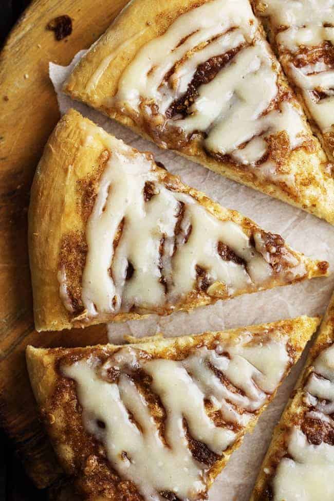 cinnamon roll pizza slices areal view.