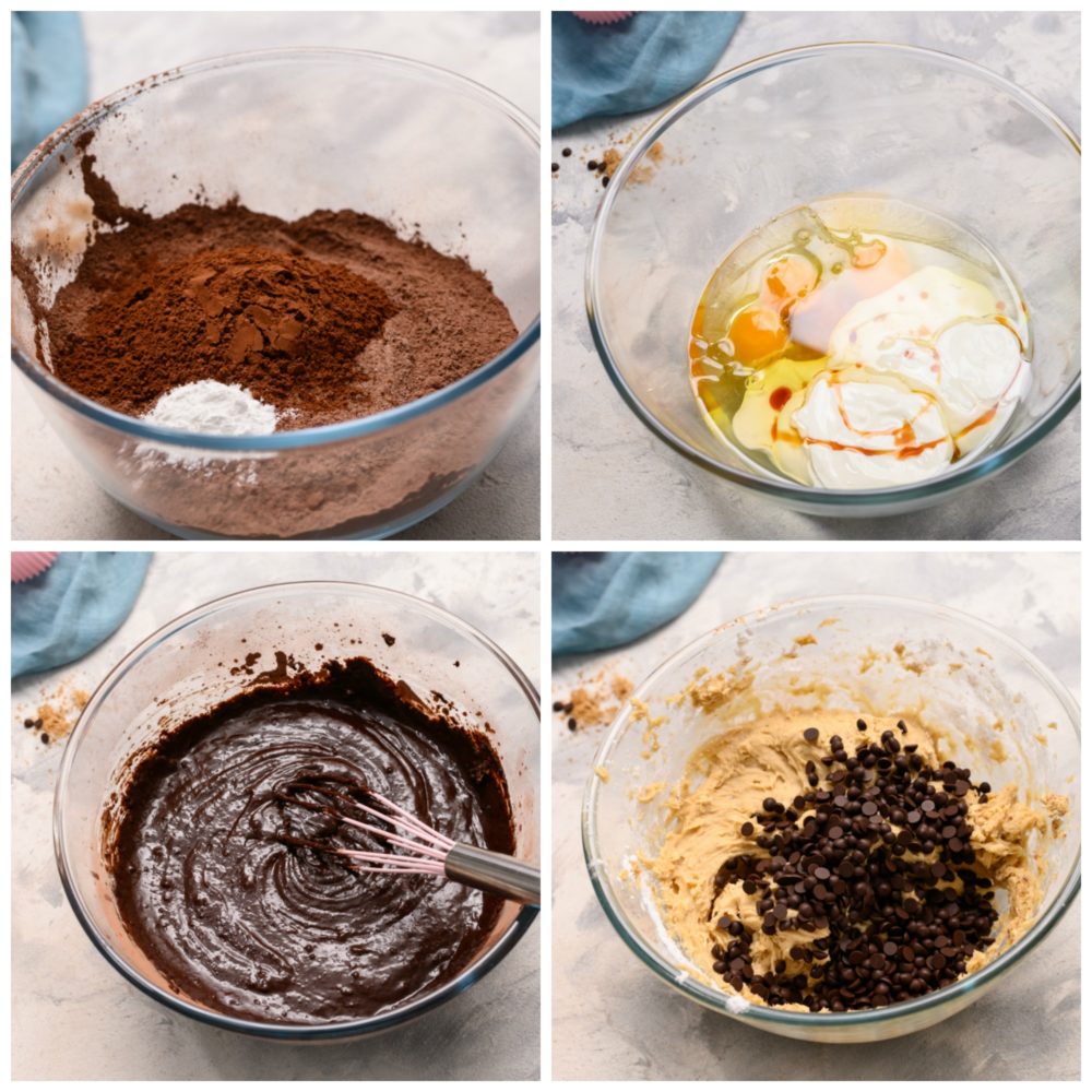 Schritte zur Herstellung von Schokoladen-Cupcakes mit Frischkäse-Keksteig-Zuckerguss.