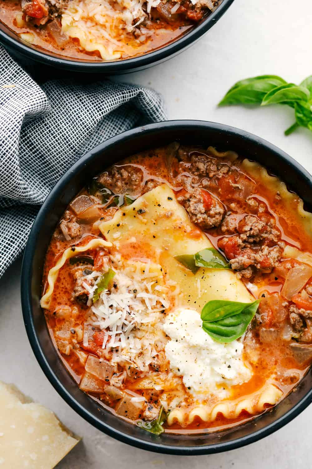 Overhead shot of lasagna soup in a bowl. 