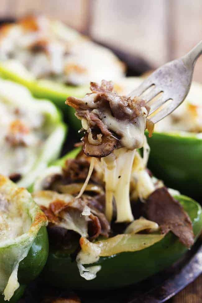 philly cheesesteak pepper bite on a fork. 