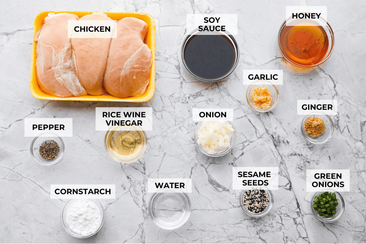 Overhead shot of labeled ingredients. 