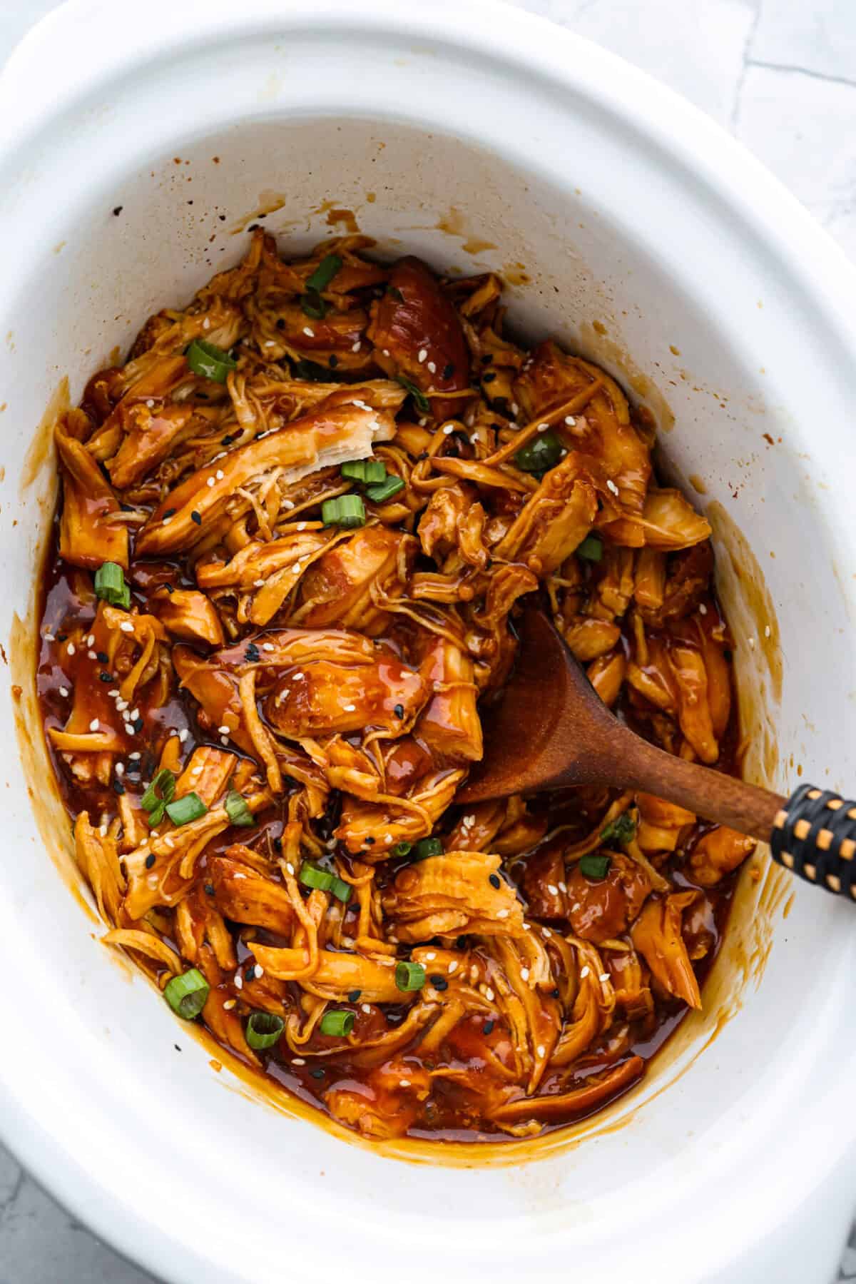 Overhead shot of slow cooker honey teriyaki chicken 