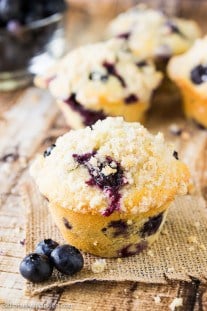 Homemade Blueberry Muffins on burlap.