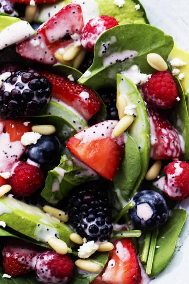 close up on berry avocado salad.