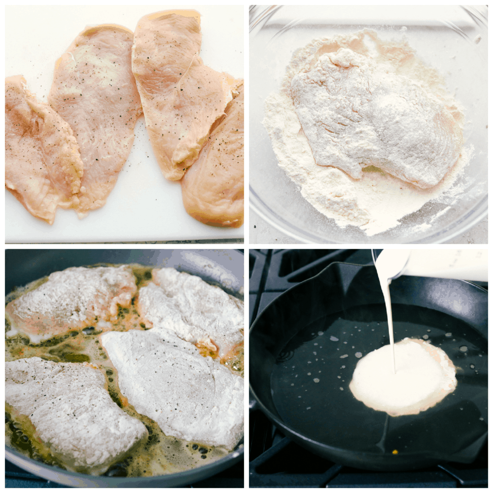 Chicken breasts seasoned, breaded and cooked, and the creamy sauce being made. 