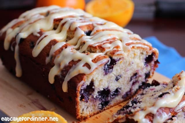 Loaf of Orange Blueberry Muffin Bread with Orange Cream Cheese Icing