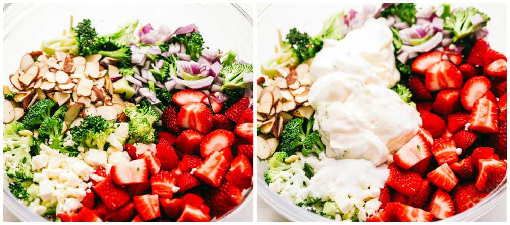 A bowl of all the ingredients that is needed for the strawberry broccoli salad 