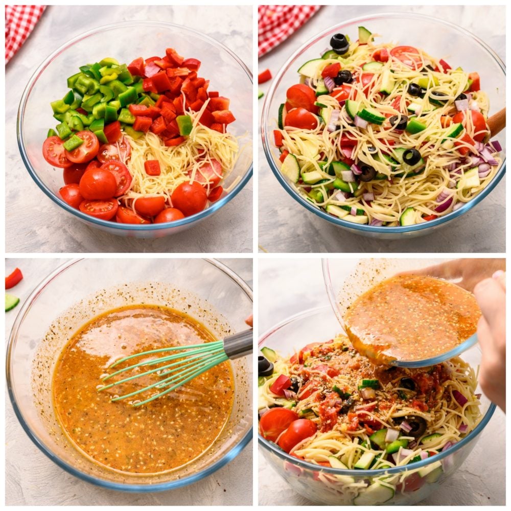 Steps to putting together the spaghetti salad.