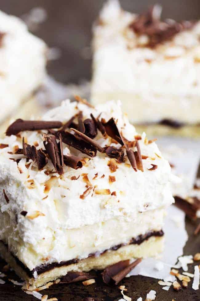 chocolate coconut cream pie bar side angle to show layers