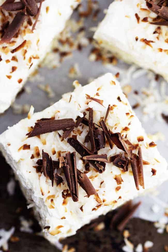 Chocolate coconut cream bar areal view of chocolate shavings on top.
