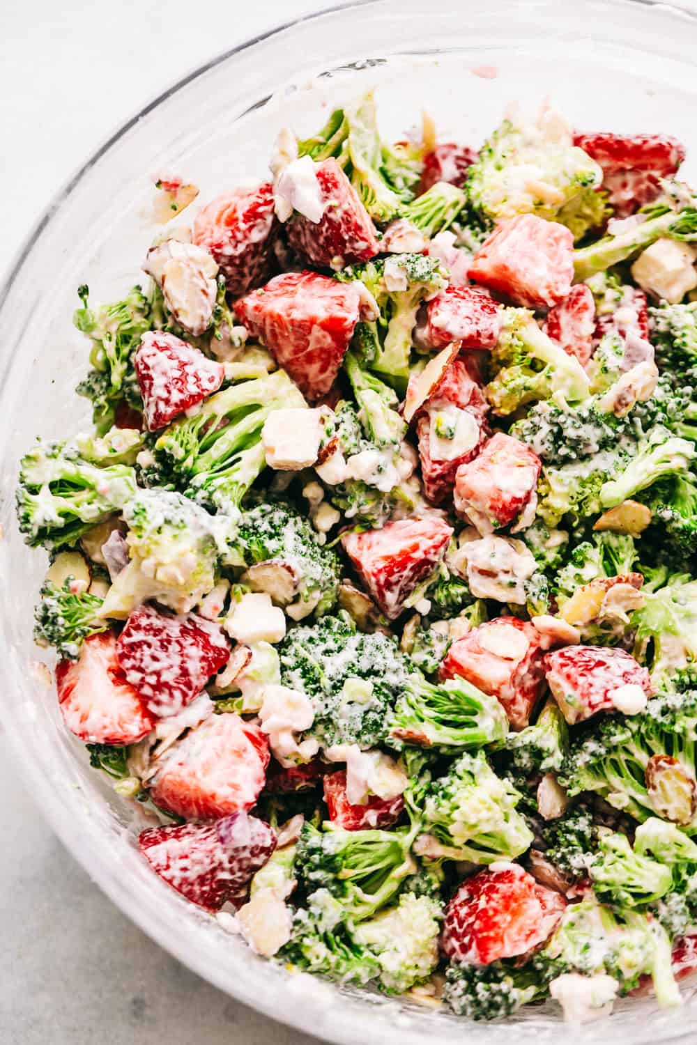 Bowl of Creamy Strawberry Broccoli Salad.