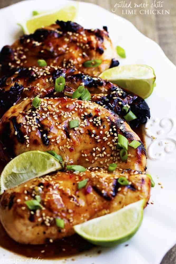 Grilled sweet chili lime glaze chicken on a white plate.