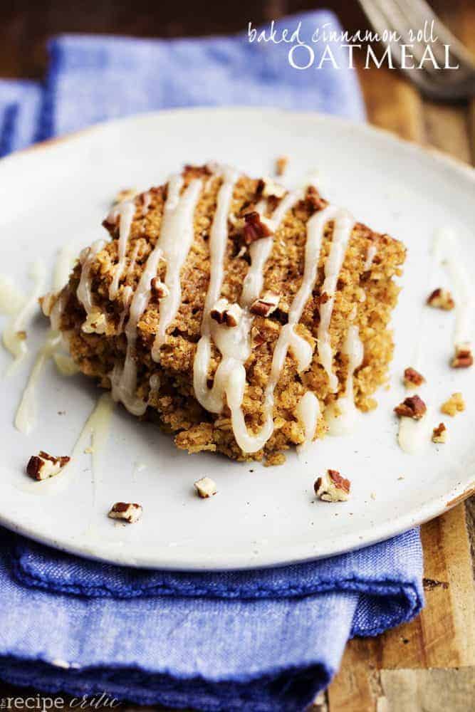 baked cinnamon roll oatmeal on a white plate.