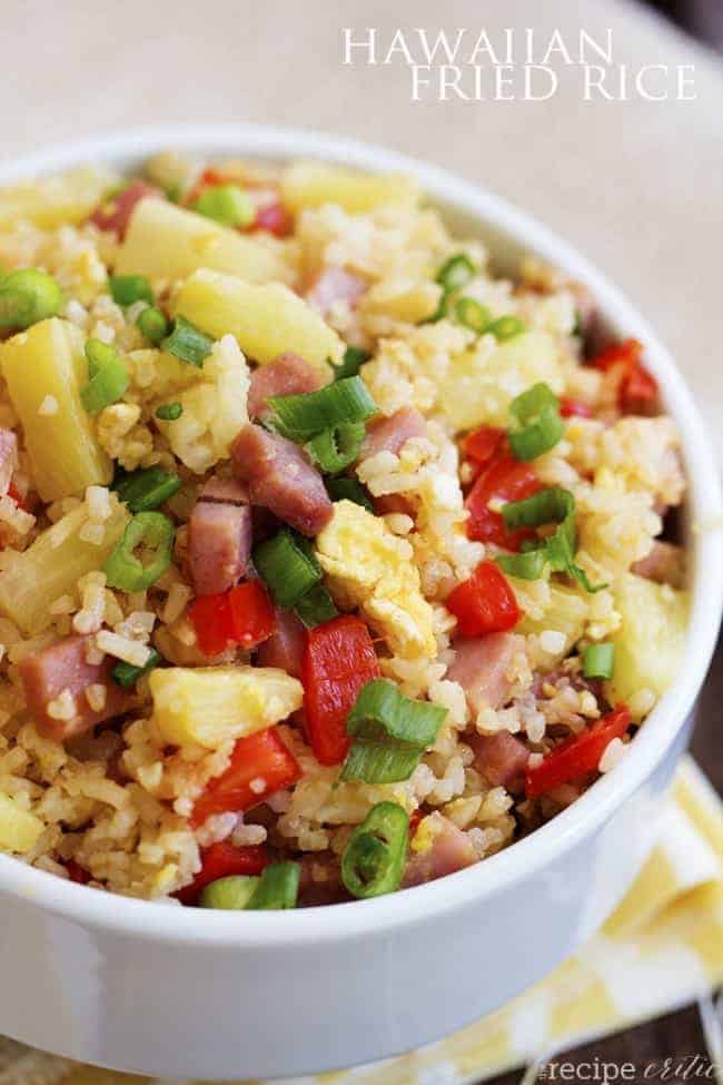 Hawaiian fried rice in a white bowl.