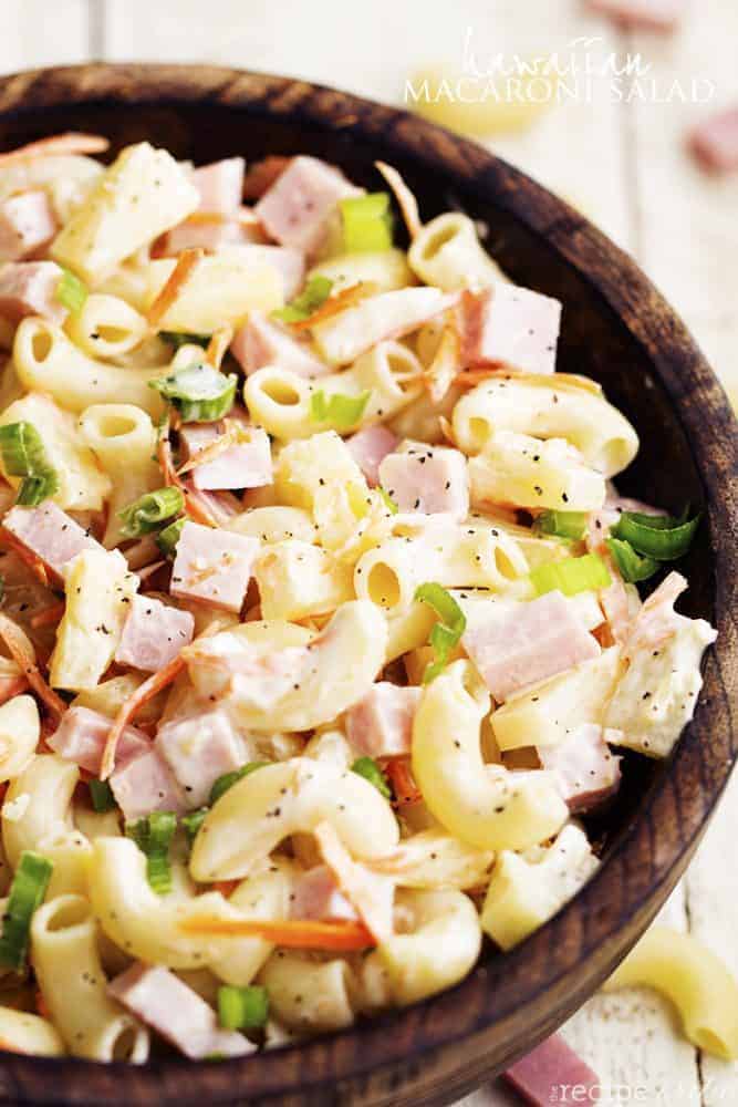 hawaiian macaroni salad in a wooden bowl.