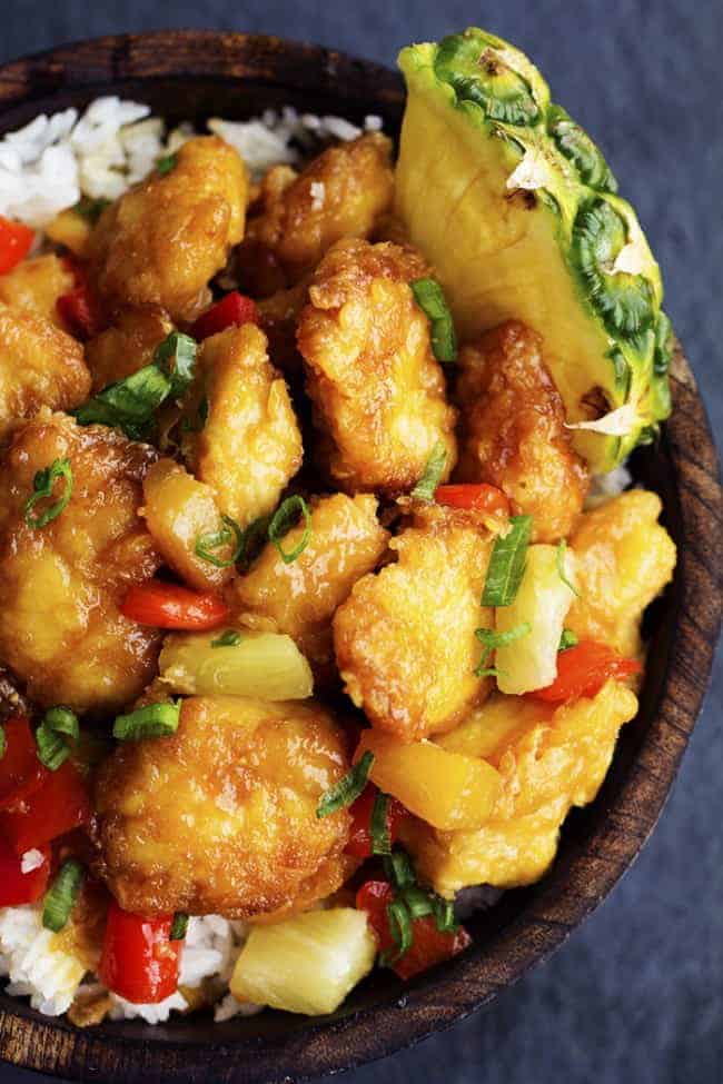 Hawaiian chicken in a wooden bowl.