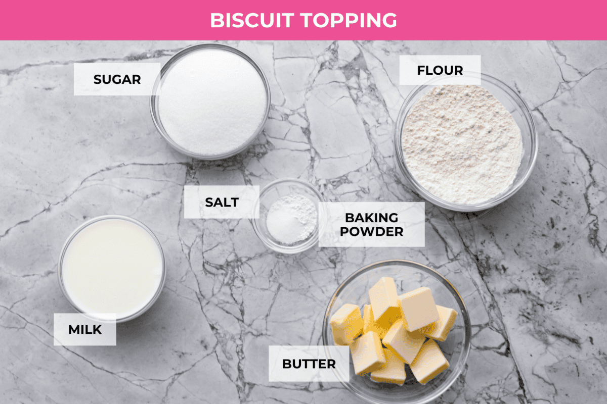 Overhead shot of labeled biscuit topping ingredients for peach cobbler. 