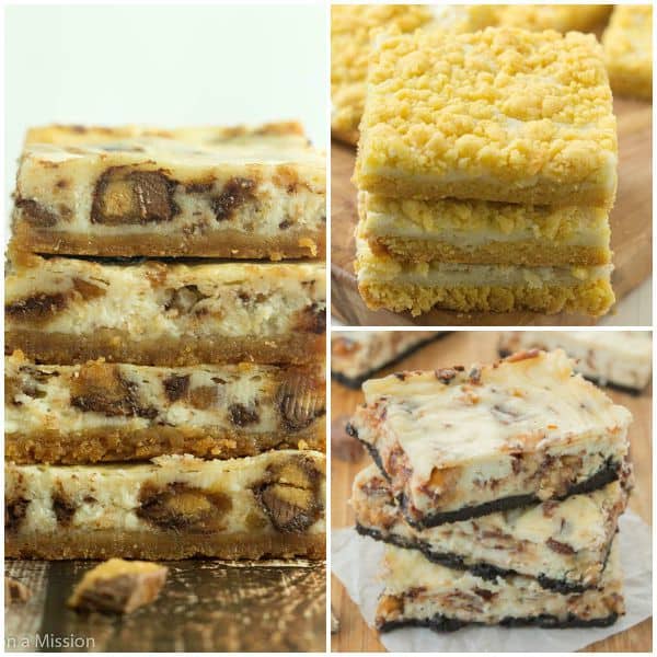 Collage of Reese's Cheesecake Bars, Easy Lemon Cream Cheese Bars, Snickers Cheesecake Bars