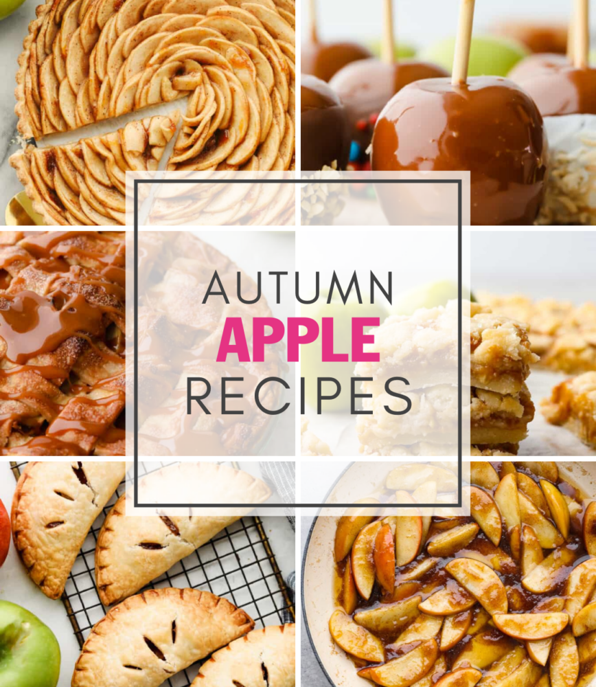 A collage of 6 apple recipes with the words "Autumn Apple Recipes" in the middle. 
