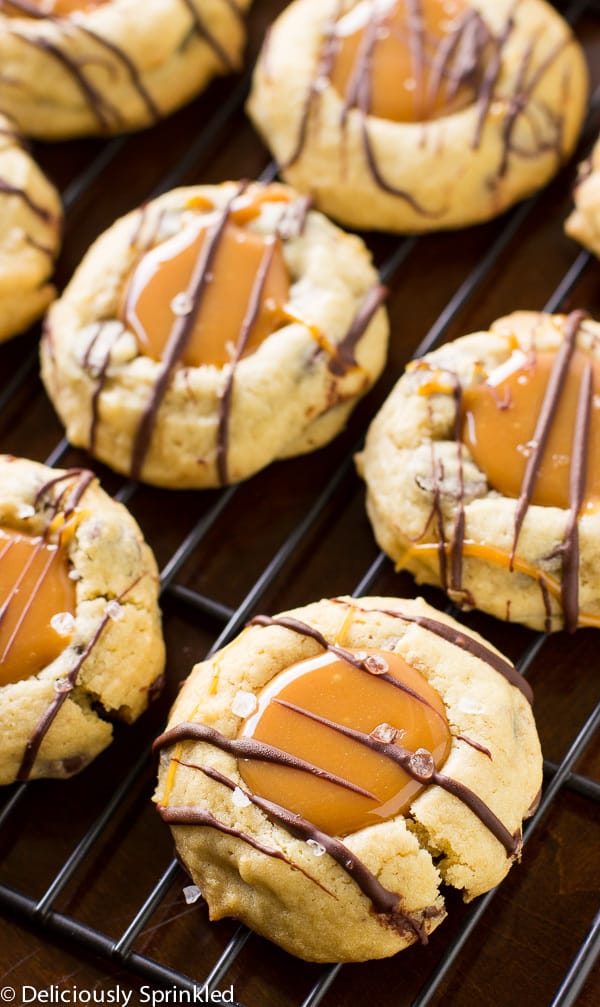 Salted Caramel Chocolate Chip Cookies on a drying rack.