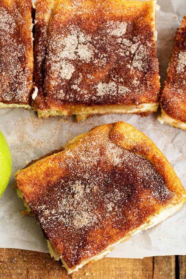 Areal view of apple churro cheesecake bars.