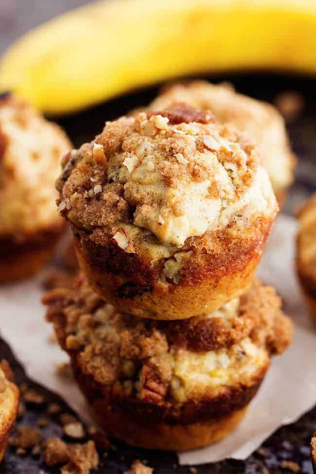 Stack of 2 banana bread muffins.
