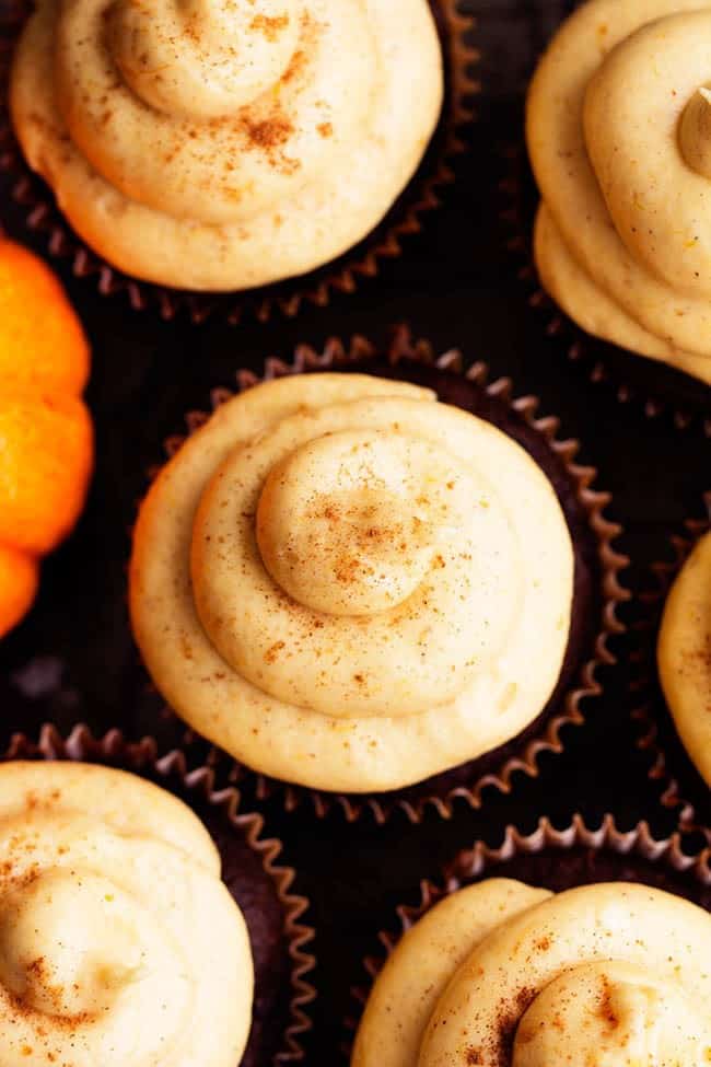 Areal view of pumpkin chocolate cupcakes.