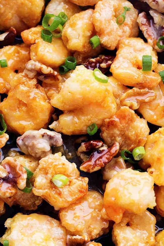 Finished areal view of honey walnut shrimp.