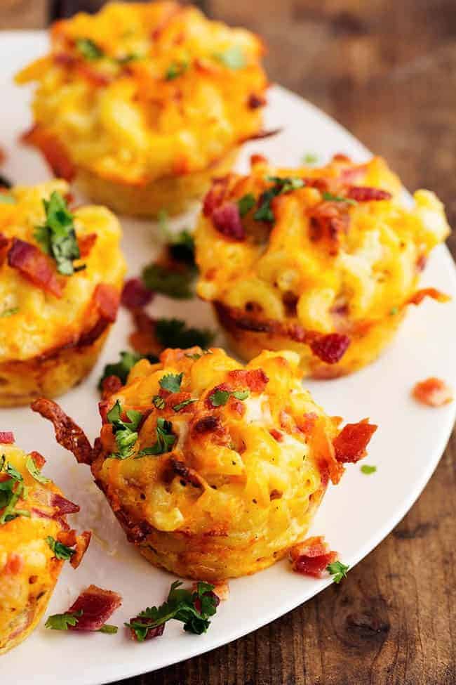 mac and cheese cups on a white plate.