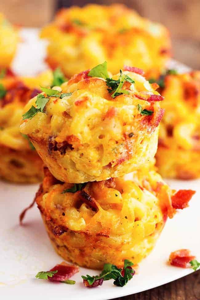 mac and cheese cups stacked.