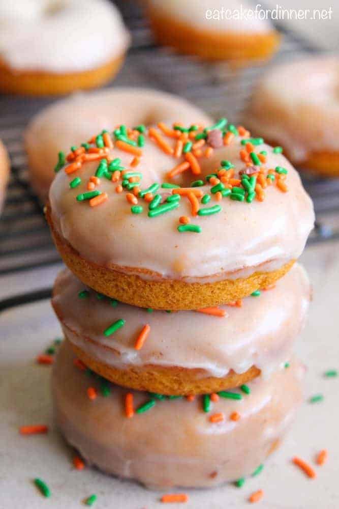 Baked Pumpkin Donuts in a stack of 3.