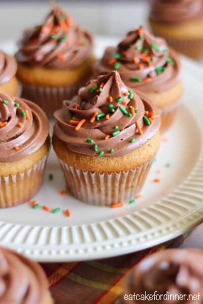 Pumpkin Nutella Cupcakes on a white plate.