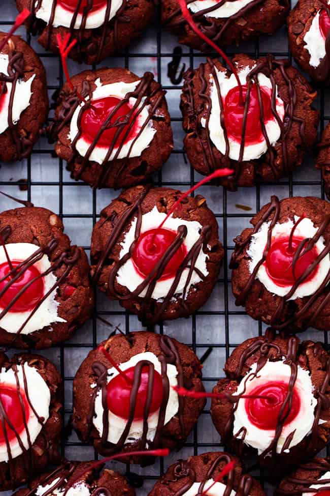 chocolate cherry cookies on a cooling rack.