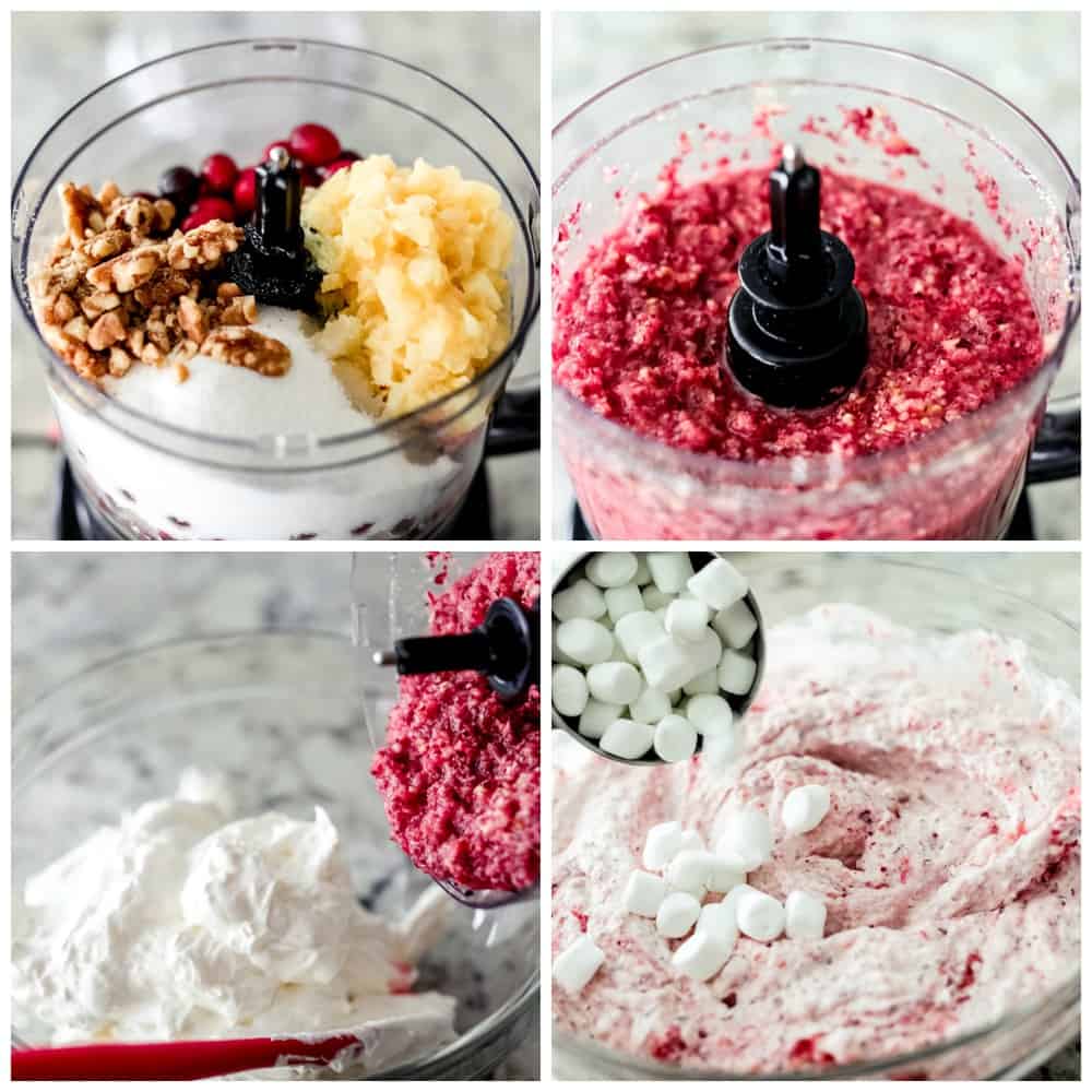 Step by step process of making cranberry cheesecake fluff. The first two photos show the fruit and nut mixture being blended together, then the last 2 pictures show it being combined with the creamy base.