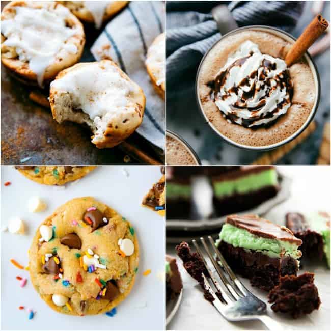 Cheesecake-filled cinnamon rolls (5 ingredients, 30 minutes),  Crockpot Toasted Marshmallow Hot Chocolate,  Soft-Baked Cake Batter Cookies,  Mint Oreo Brownies