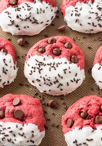 Red Velvet Chocolate Chip Cookies close up.