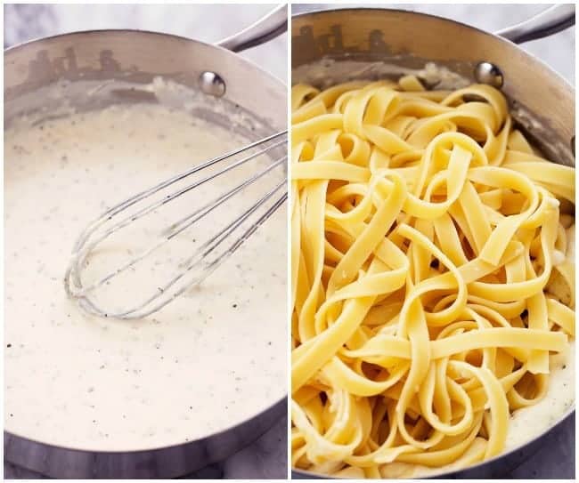 Alfredo sauce with whisk on left side of picture and pasta on the right.