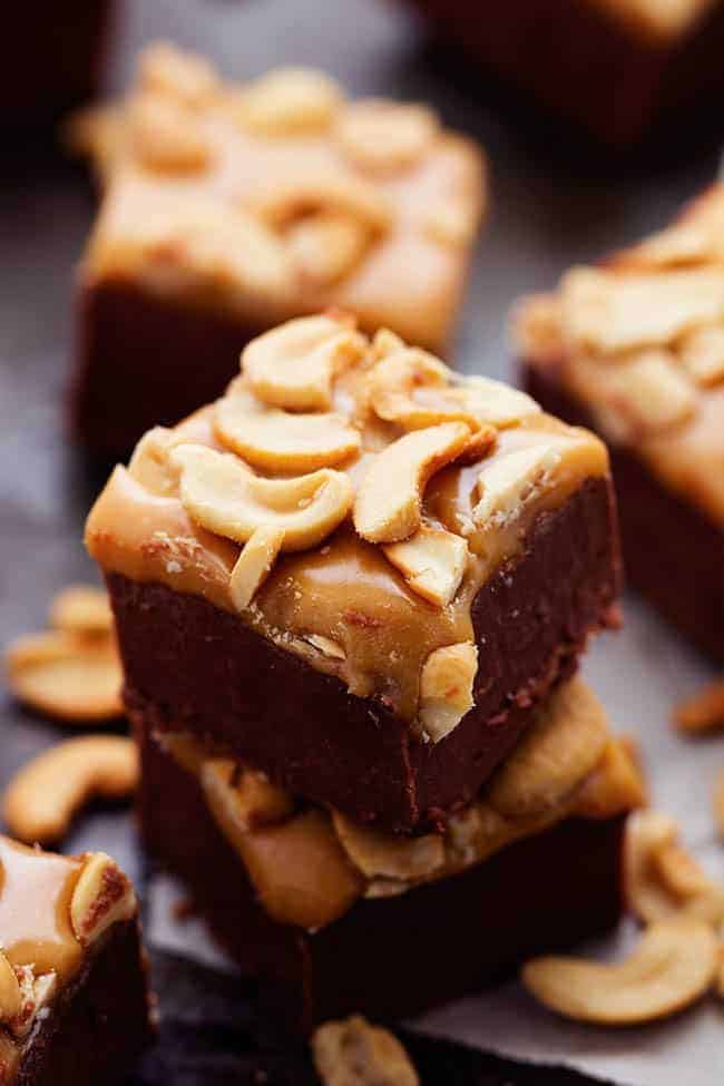 caramel cashew fudge in a stack.