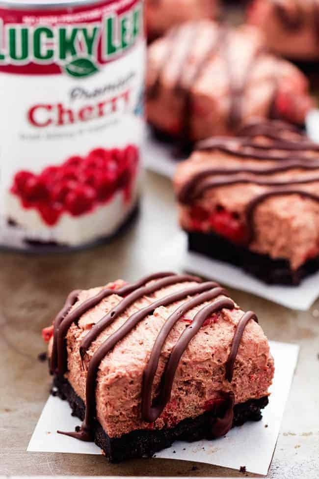 Chocolate Cherry Mousse Bars with Lucky Leaf Cherry Filling in background