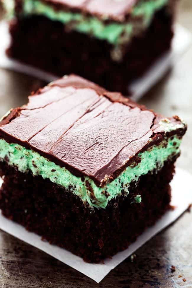 mint chocolate cake serving on a white paper.