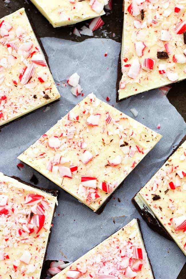 peppermint bark cut into squares.