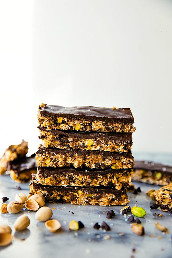 Stacked Dark Chocolate Pistachio Granola Bars.