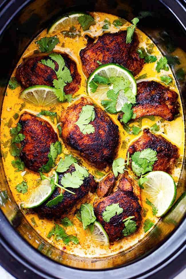 Overhead view of Slow Cooker Creamy Cilantro Lime Chicken. 