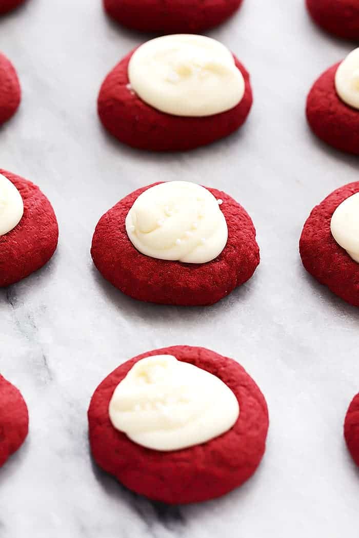 Red velvet cookies with cream cheese filling.