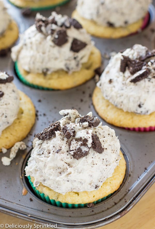 Cookies and Cream Cupcakes in a muffin tin. 