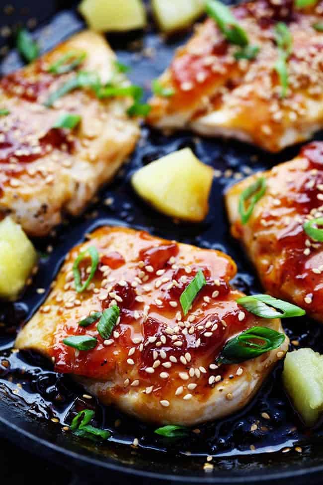 Chicken teriyaki with pineapple and onion.