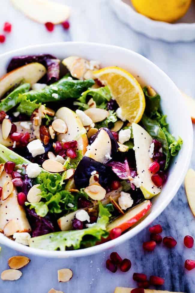 Apple Pomegranate Almond Salad with a Creamy Lemon Poppyseed Dressing in a white bowl. 